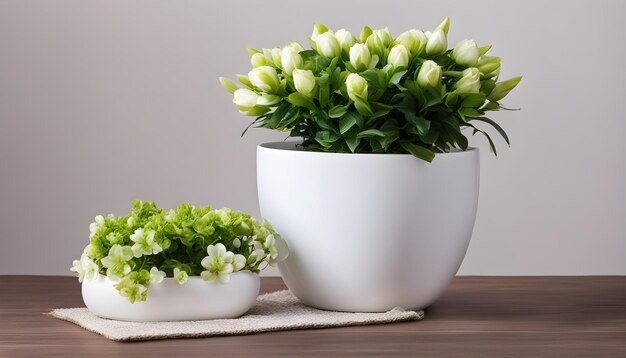 white vases with white flowers and green leaves on a wooden table