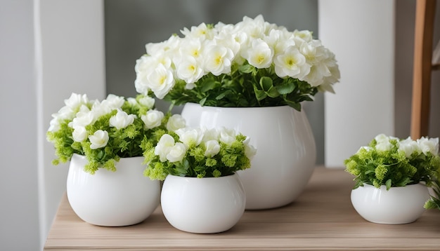 white vases with white flowers on a wooden table