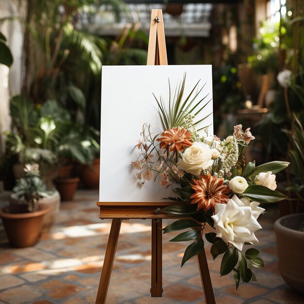 Photo white vertical empty poster on easel on wedding