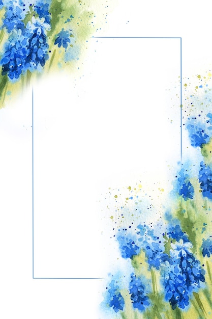 Белая вертикальная рамка с акварельными весенними голубыми цветами, нарисованная вручную иллюстрация с гиацинтами