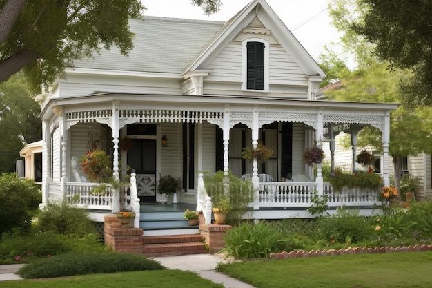 A white victorian house with black shutters and a wraparound porch