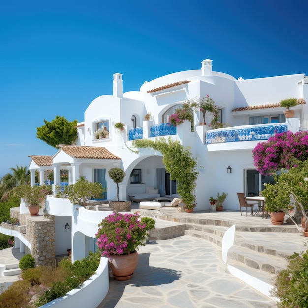 Photo white villa over blue sky traditional mediterranean residential architecture