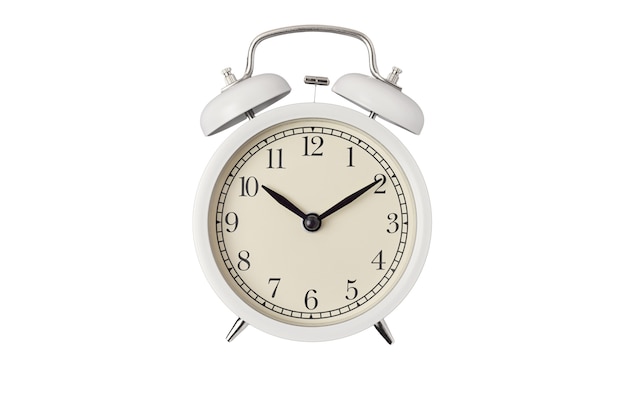 White vintage alarm clock on white background