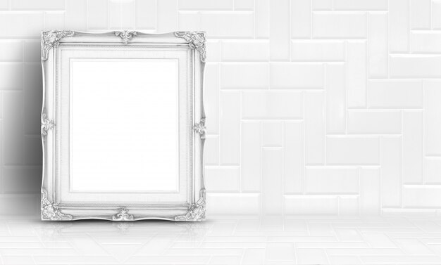 White vintage frame at white clean marble wall and floor background