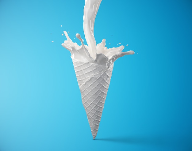 Photo white waffle cone with milk splash