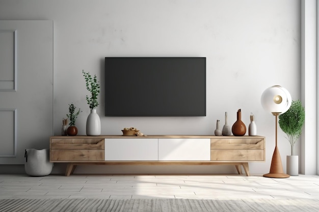 White wall background with modern living room Decor and TV cabinet Generative AI