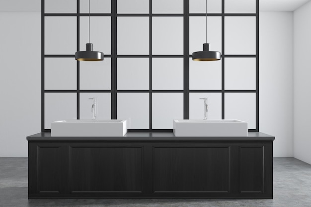 Фото Белый интерьер ванной комнаты с металлической декорацией и двойной раковиной, стоящей на темной деревянной столешнице.