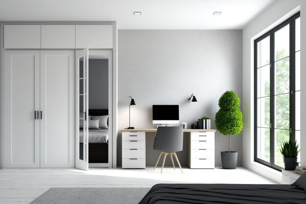 White wall bedroom and home office interior with a concrete floor a king size bed and a wardrobe A computer desk mock up