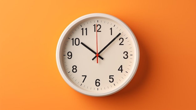 A white wall clock with black numerals on an orange background