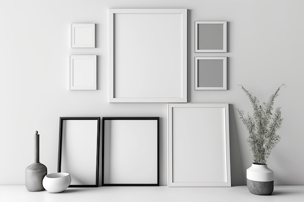 현대적인 객실의 흰 벽에는 여러 개의 빈 액자 인테리어 디자인 모형이 있습니다.