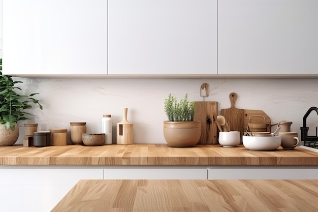 Over the white wall a contemporary wooden kitchen countertop is decorated with a plant kitchenware and copy space for your product display close up picture