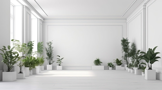 Generative AI Technology를 사용하여 바닥에 식물이 있는 흰색 벽 빈 실내 공간