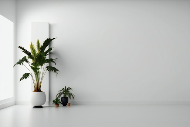 white wall empty room with plants on a floor, 3d rendering in minimalist style