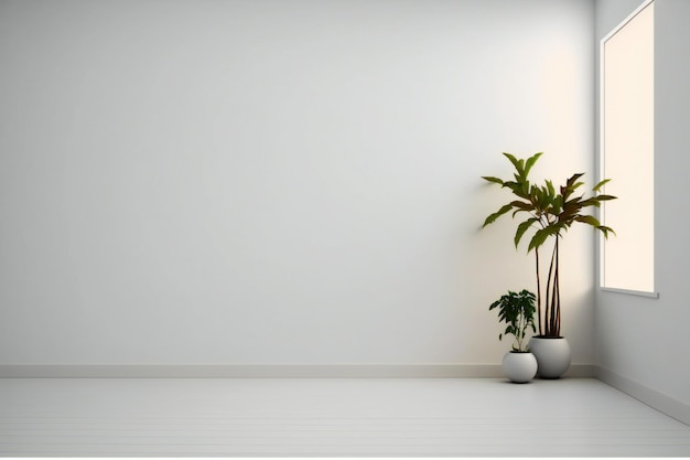 床に植物のある白い壁の空の部屋、ミニマリストスタイルの3Dレンダリング