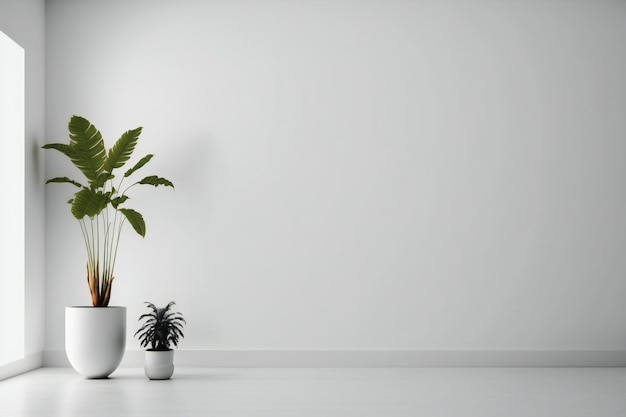 white wall empty room with plants on a floor, 3d rendering in minimalist style