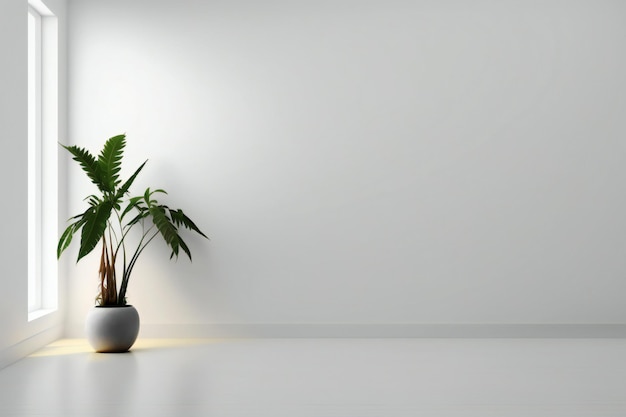床に植物のある白い壁の空の部屋、ミニマリストスタイルの3Dレンダリング