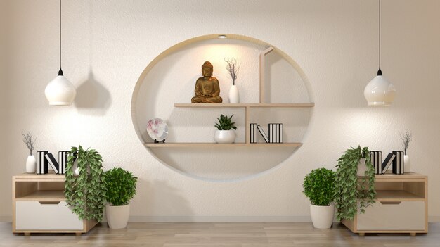 Photo white wall mock up empty room with book and vase and plants on cabinet,  decoaration on shelf wall design japanese style.