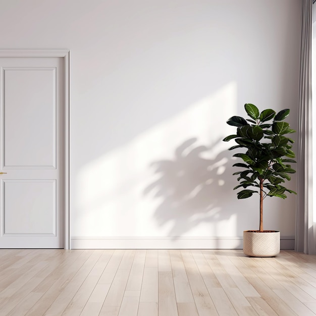 白い壁のモックアップ植物と木製の床