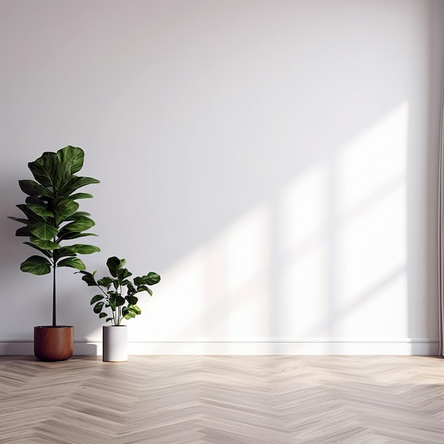 White wall mockup plant and wood floor