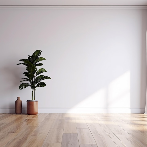 White wall mockup plant and wood floor