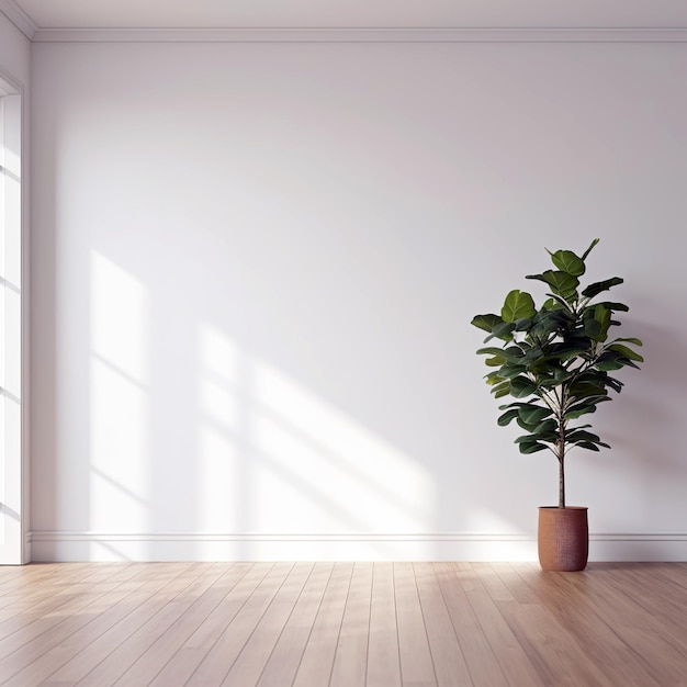 White wall mockup plant and wood floor