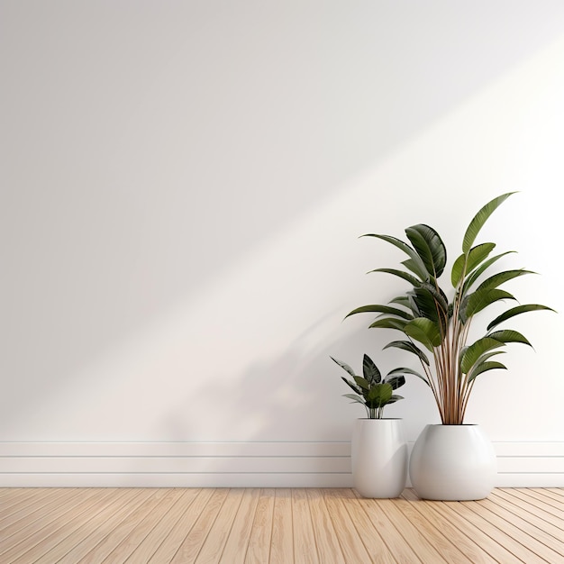 White wall mockup plant and wood floor
