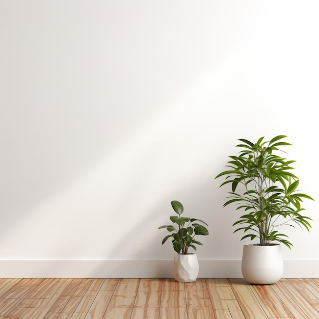 White wall mockup plant and wood floor