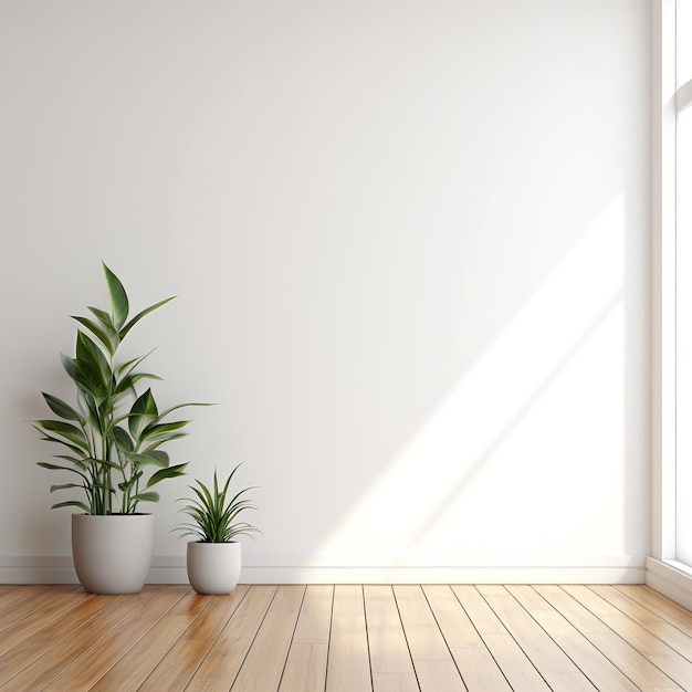 White wall mockup plant and wood floor