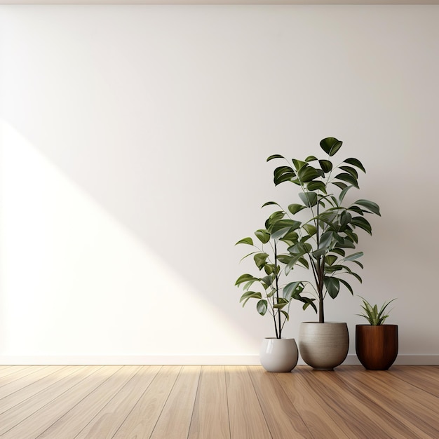 White wall mockup plant and wood floor