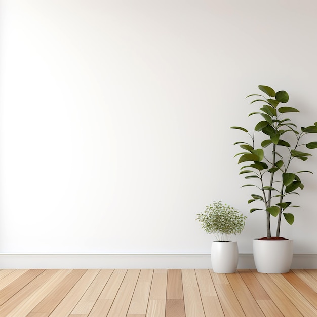 White wall mockup plant and wood floor