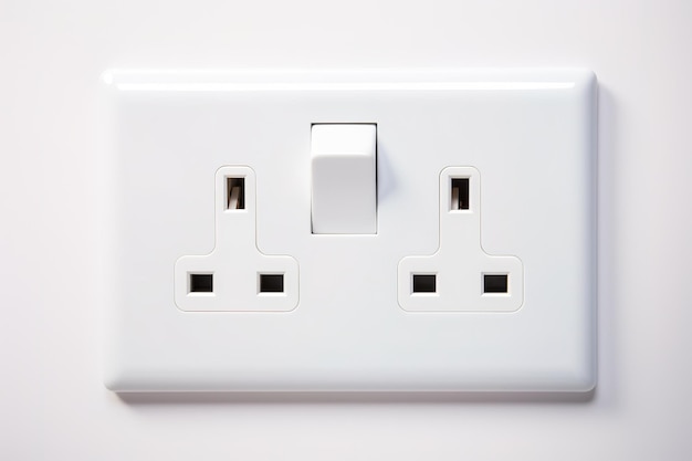 White wall mounted socket board with two electrical sockets and a switch The socket board is isolated on a white background