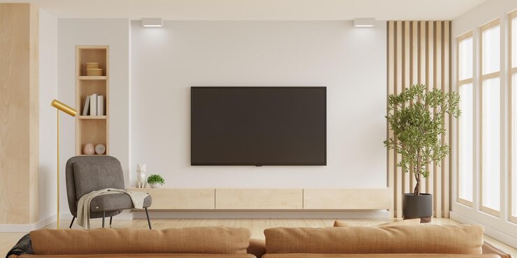 Photo white wall mounted tv on cabinet in living room with dark brown armchair and brown sofaminimal design
