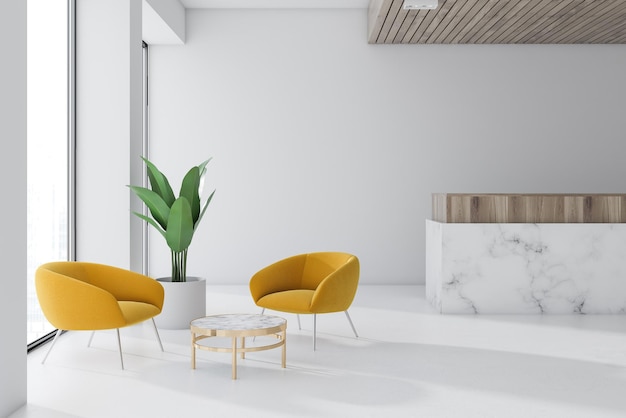 White wall office wachtkamer interieur met een marmeren vloer, een receptie en een salontafel met gele fauteuils. 3D-rendering mock-up