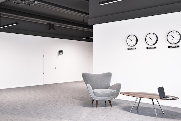 White wall office waiting area with a number of clocks and gray armchairs near the coffee table. A close up. 3d rendering mock up