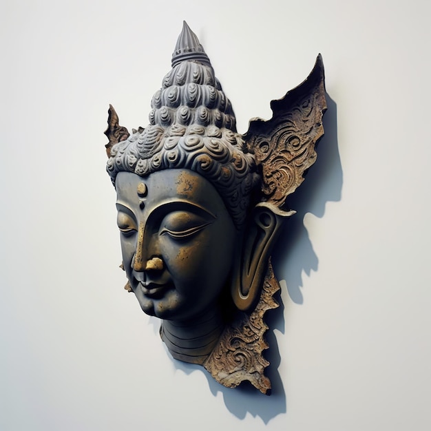 A white wall sculpture of a face with Gautama buddha head as mural for home decor etc Ai generated