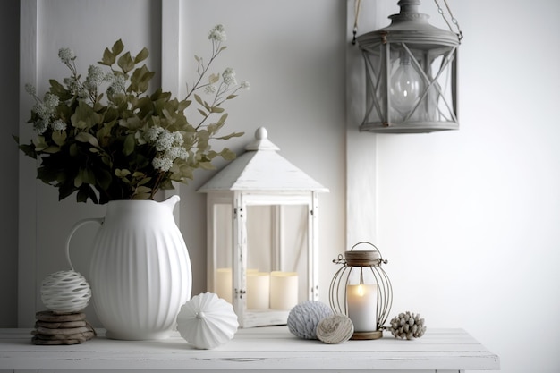 A white wall serves as the backdrop with a table filled with white wooden lanterns and other embellishments