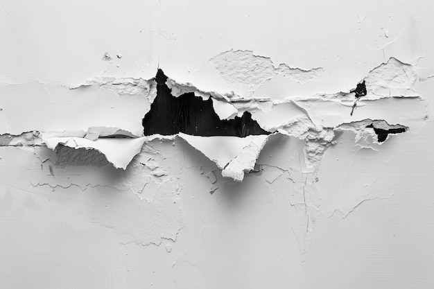 A white wall with a black and white picture of a torn up piece of 