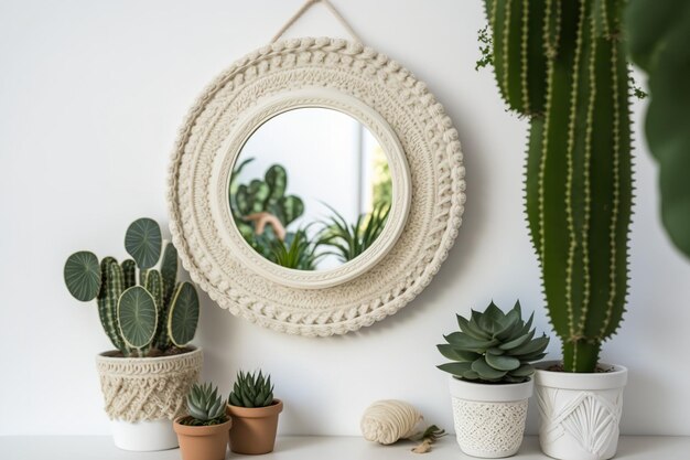 White wall with a circular mirror covered with macrame and potted indoor plants