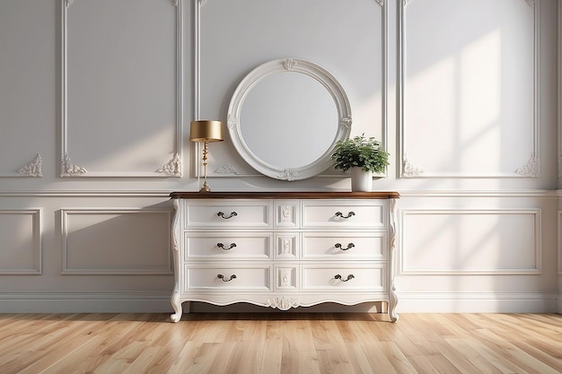 White wall with classic style mouldings and wooden floor wooden dresser and sunlight on wall 3d render