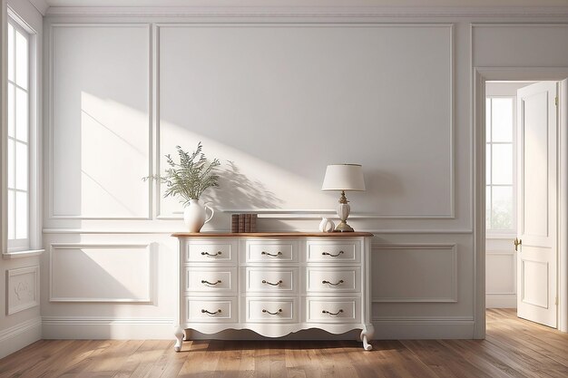 White wall with classic style mouldings and wooden floor wooden dresser and sunlight on wall 3d render