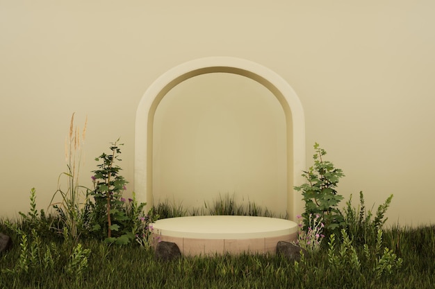 A white wall with a curved arch and plants in the foreground.