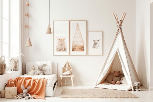 Photo white wall with an empty vertical picture frame in a contemporary kids room boho inspired scandinavian interior design mockup copy space that is free for your image bed and toys cozy space for ch