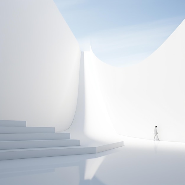 a white wall with a figure standing on the stairs