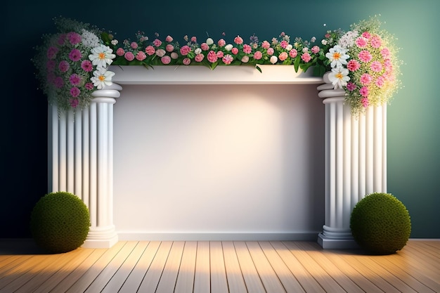 A white wall with flowers and a white wall with a white backdrop.