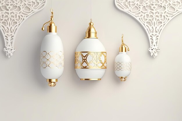 Photo a white wall with gold ornaments and a mosque with arabic ornaments generative ai