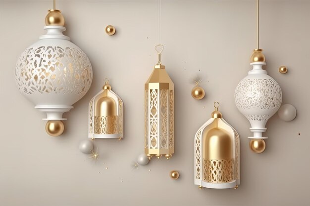 Photo a white wall with gold ornaments and a mosque with arabic ornaments generative ai