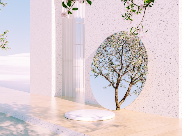 A white wall with a round mirror on it and a cherry blossom tree in the background