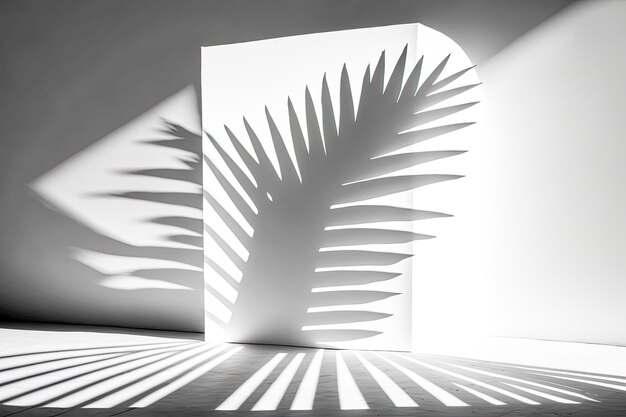 A white wall with a shadow of a palm leaf.