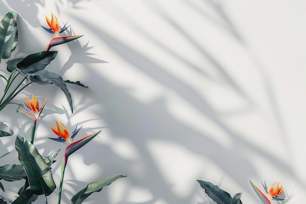 a white wall with shadows of bird of paradise flowers on it