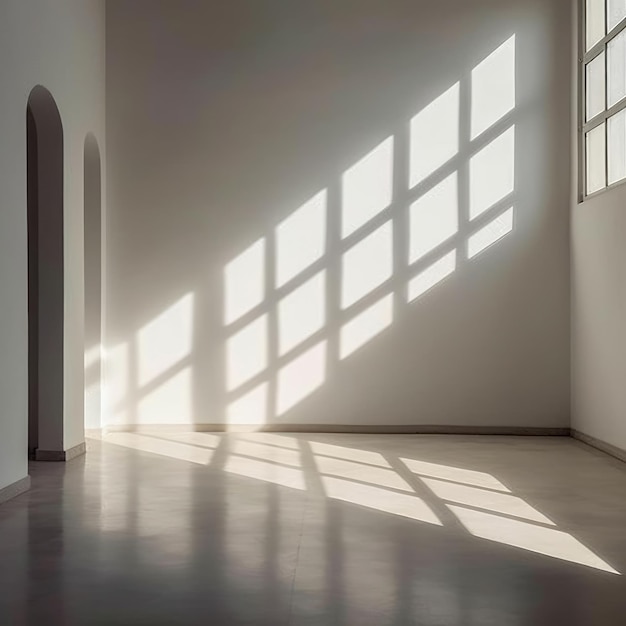 A white wall with the sun shining on it and the windows are on the wall.